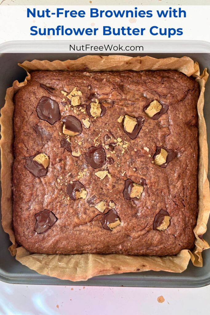 overhead perspective of baked brownies in a square baking pan