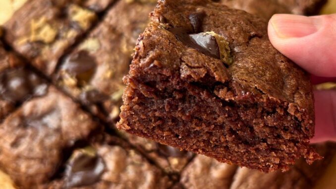 close up of a cut piece of chocolate brownie with chocolate sunflower butter cups