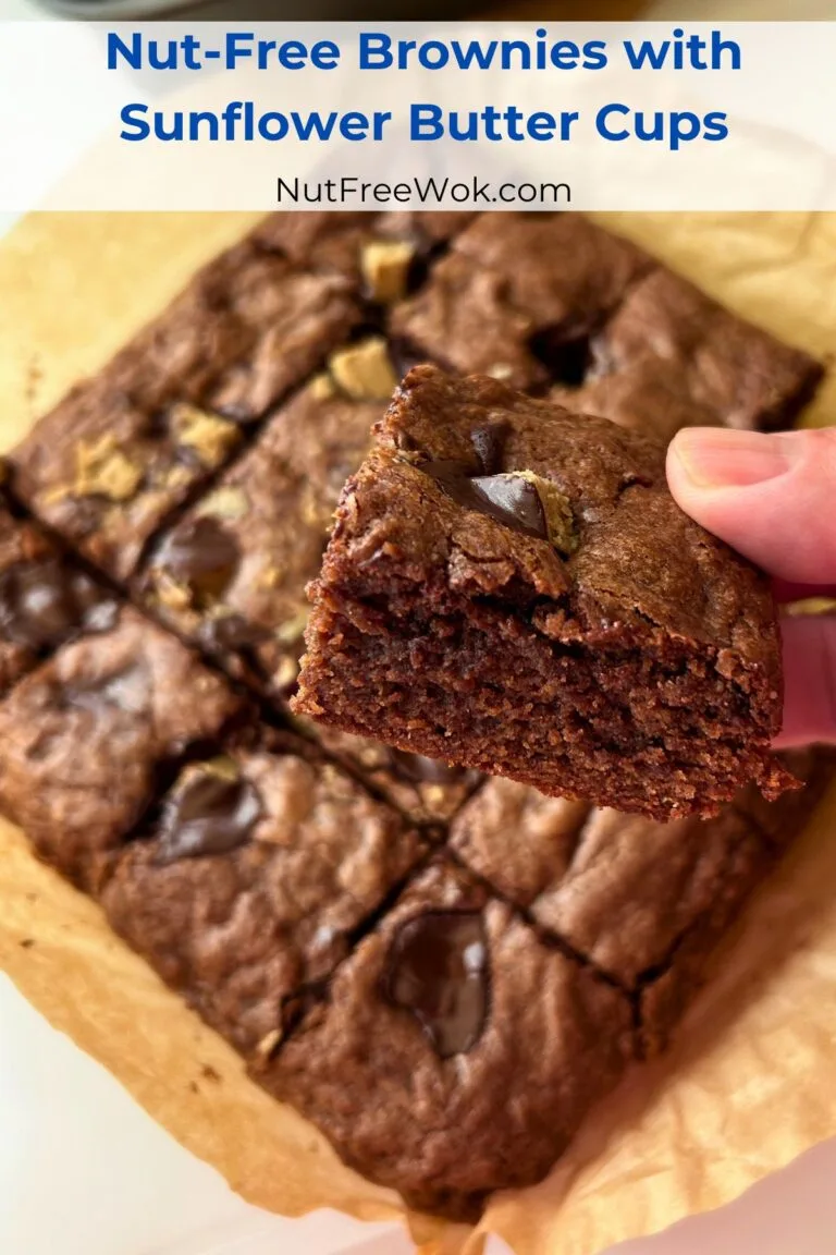 close up of a cut piece of chocolate brownie with chocolate sunflower butter cups