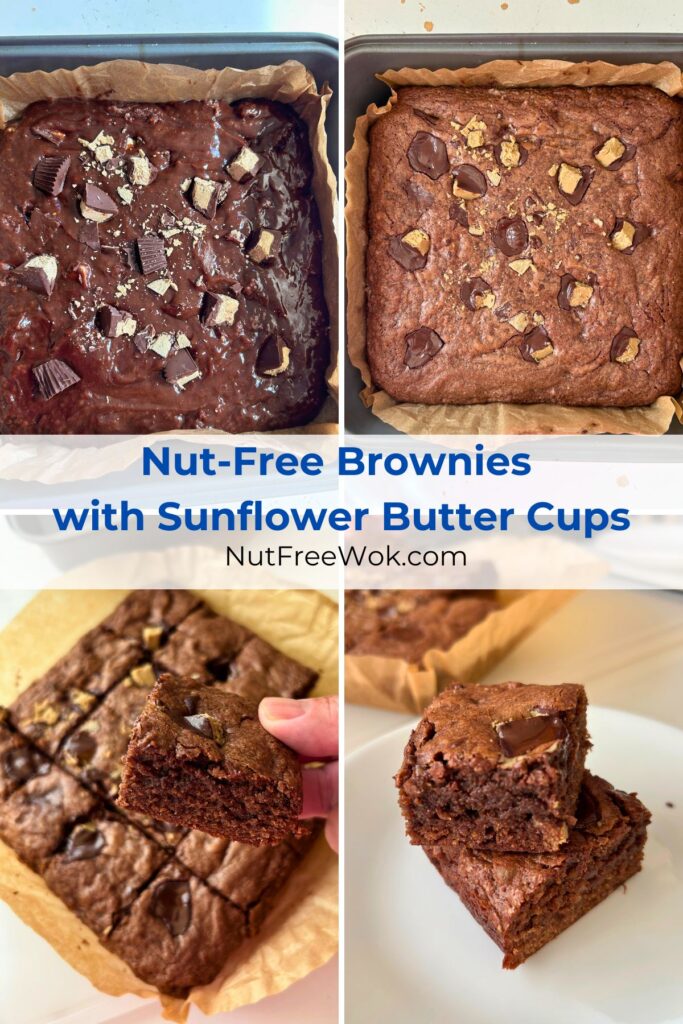 collage of unbaked brownies, baked brownies, a cut piece of brownie held over the entire pan, and stack of 2 brownies