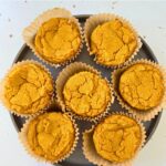 overhead photo of pumpkin mochi muffins arranged on a plate