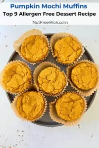 overhead photo of pumpkin mochi muffins arranged on a plate