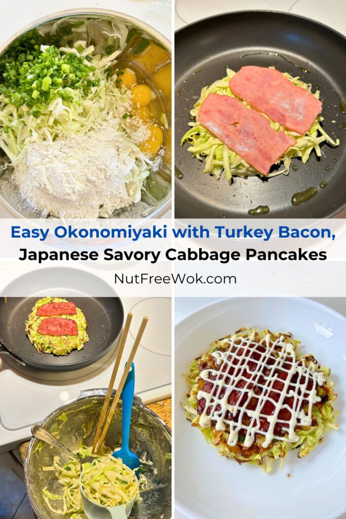 collage showing the assembled ingredients in a bowl before mixing, how the okonomiyaki looks before flipping, getting ready to make another batch, and a cooked okonomiyaki with sauce.