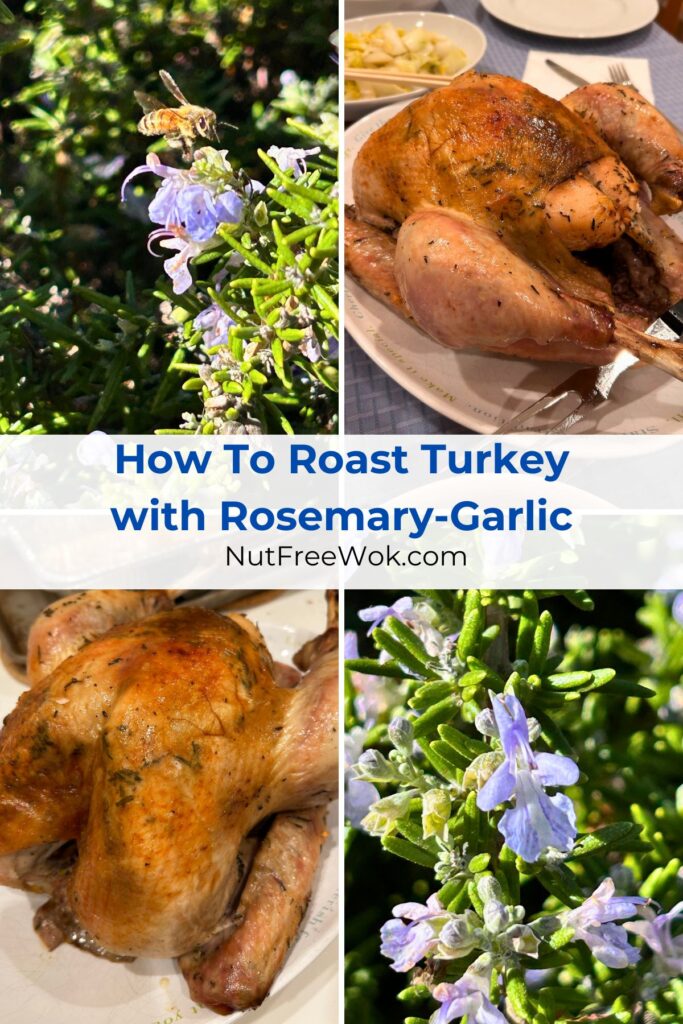 a collage featuring the roasted turkey and close up photos of rosemary flowers and a bee