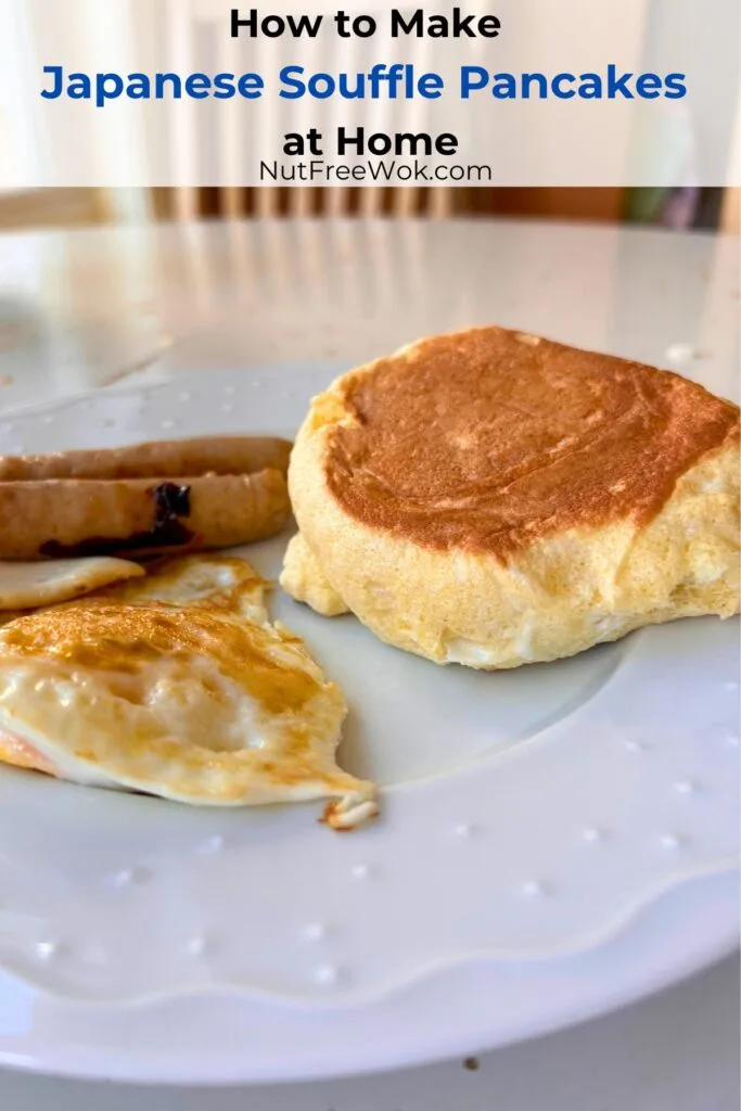 Japanese souffle pancakes served with savory items such as, eggs and sausages