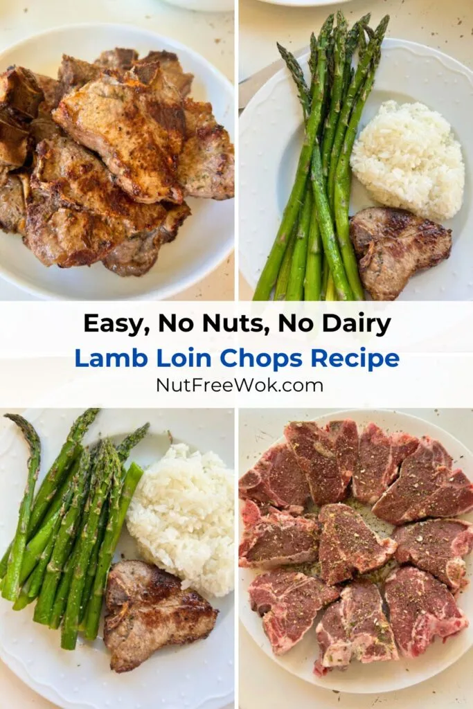 collage of cooked lamb loin chops, plated for a meal, and raw seasoned lamb loin chops ready for cooking