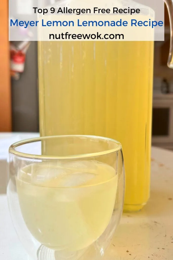 Meyer lemon lemonade with ice served in a double walled glass, in front of a pitcher of lemonade 