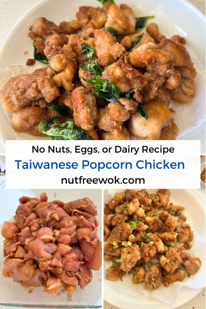 Collage of pan fried Taiwanese popcorn chicken with basil, raw chicken with marinade, and popcorn chicken served with scallions