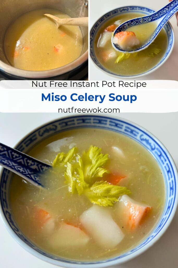 collage of miso celery soup in an instant pot and served in a blue and white bowl with a soup spoon