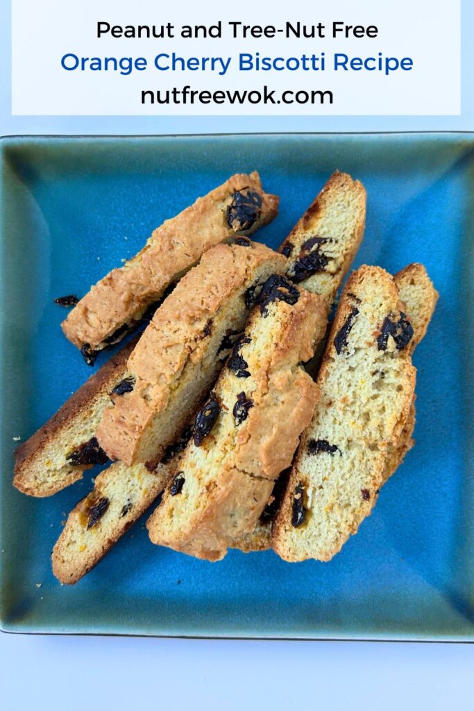 The perfect batch of biscotti with big yummy pieces of dried cherries, orange zest, with vanilla and orange flower extracts.