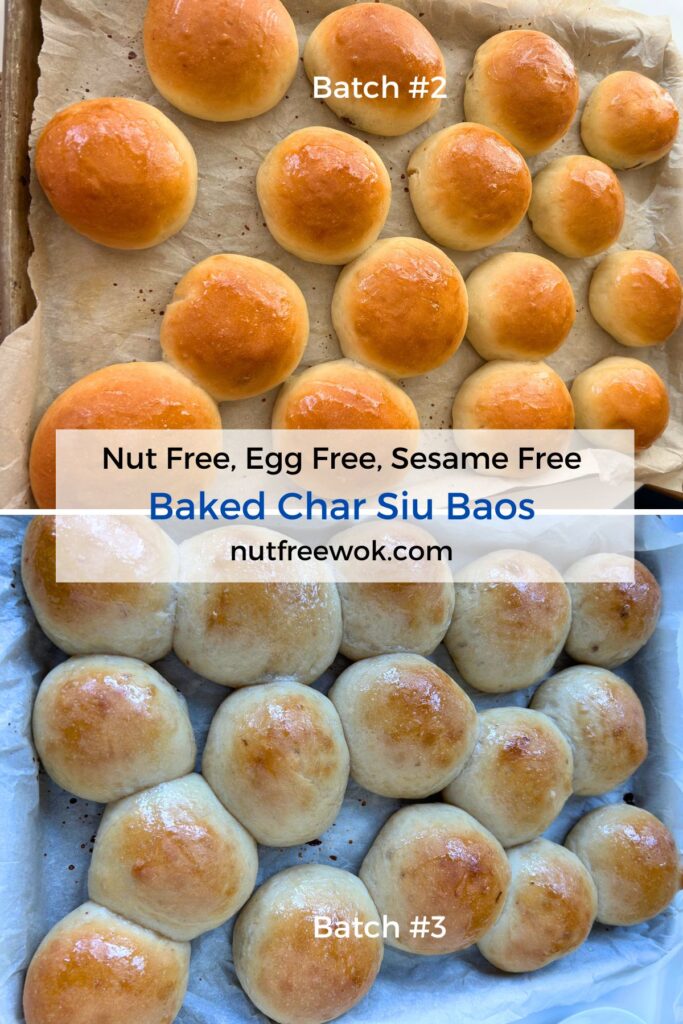 collage of batch #2 and batch #3 highlight the differences between bake times, layout of the baos, proof time, and milk glaze vs milk and maple syrup glaze