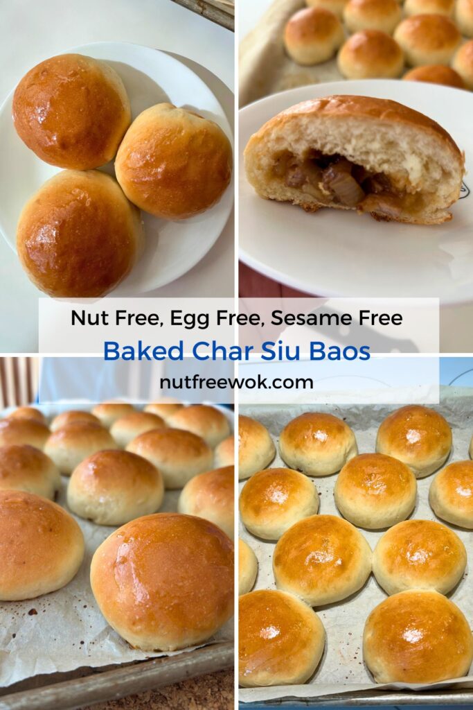 collage of baked char siu baos from batch #3 to show how they're nicely golden brown, shiny with a glaze, and how the inside is filled nicely.