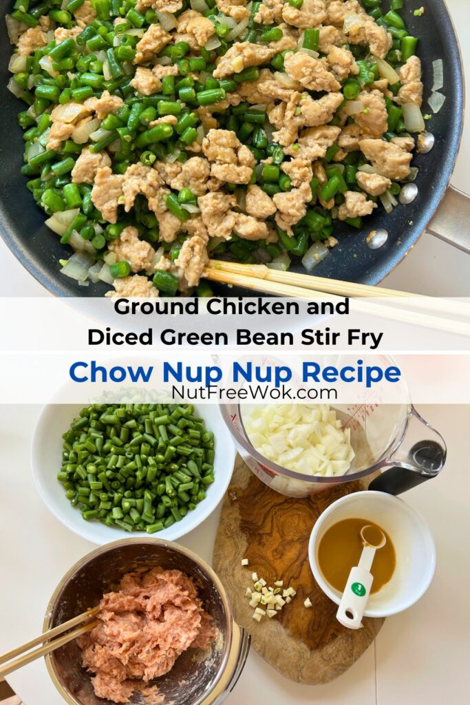 Collage of stir fried ground chicken and diced green beans and a photo of ingredients