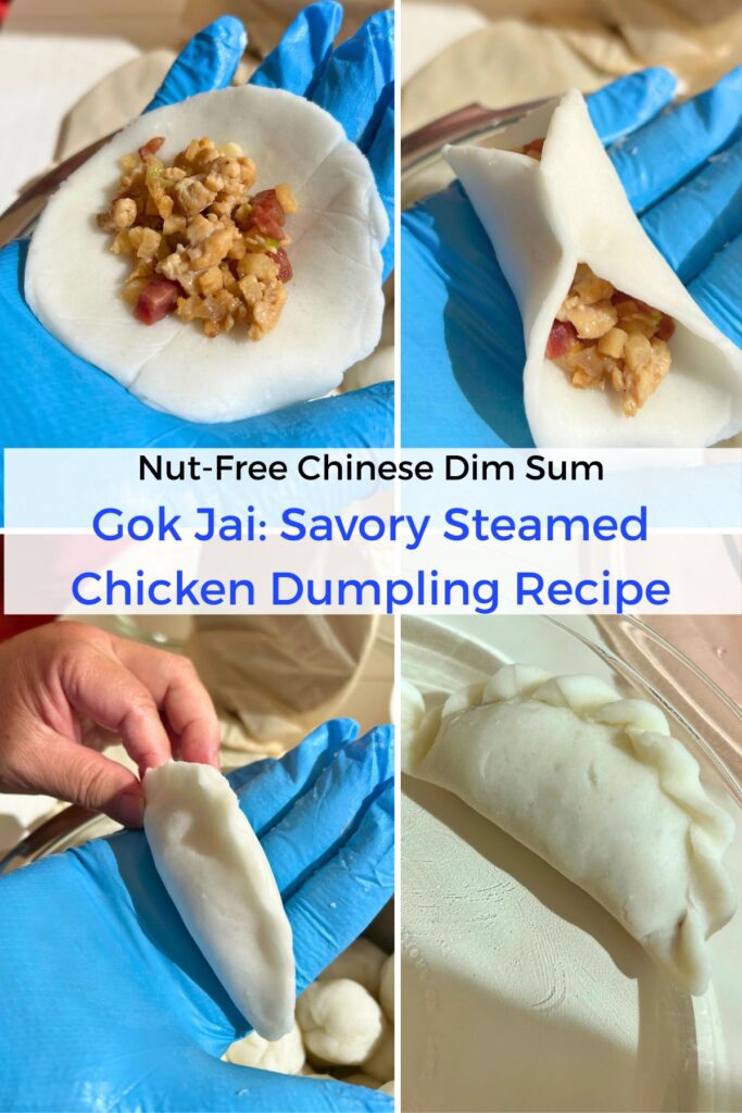 collage of how to wrap the gok jai, first add the filling, then pinch the edges together, and a close up of the decorative rope edge which helps to seal the dumpling together.