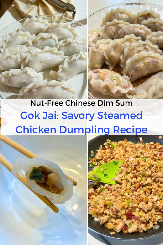 collage to compare the appearance of the assembled gok jai before and after steaming, close up of the inside of a gok jai, and close up of the stir-fried filling.