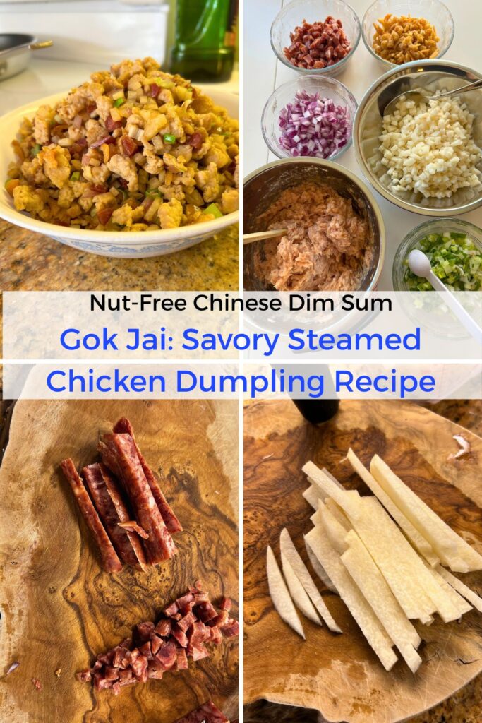 collage of chicken and vegetable gok jai ingredients: stir fried and seasoned filling, prepped and raw ingredients, Chinese sausages cut into sticks and small dice, jicama cut into small sticks before dicing