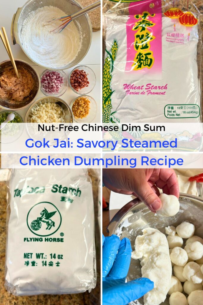 collage of ingredients including a bowl of wheat starch whisked with tapioca starch, package images of wheat starch and tapioca starch, and  of the dough being shaped into logs and dough balls, which will eventually become wrappers.